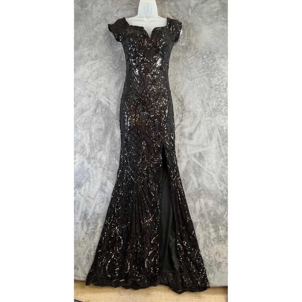 Vintage Leyva's Sequin Dress Gown XS Black Formal Glam Bling Event Made in USA